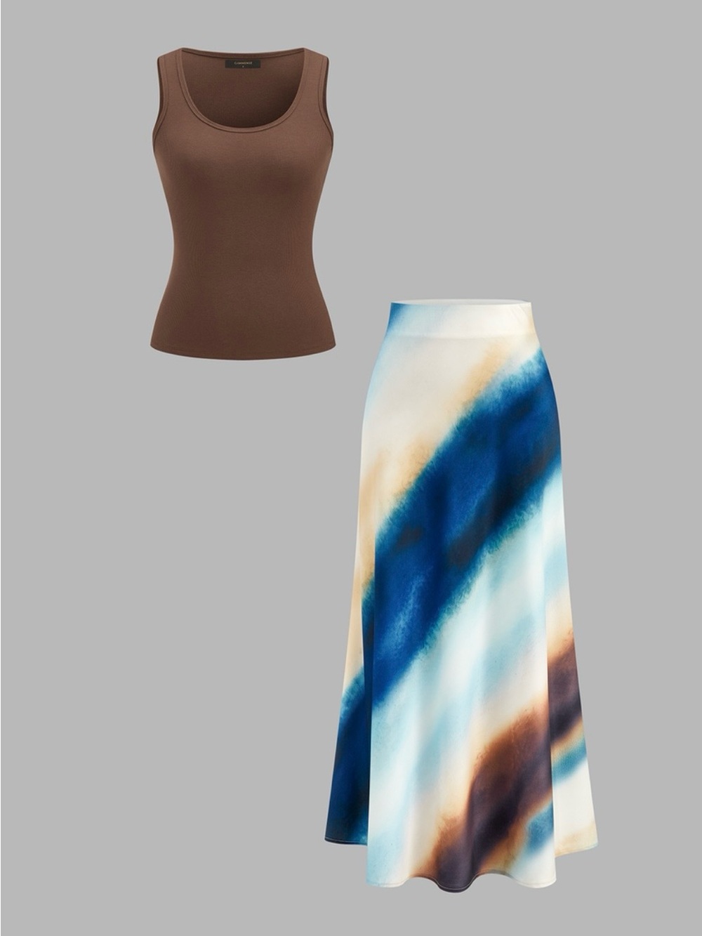 Brown Tank Top & Watercolor Satin Maxi Skirt in Blue and Cream Set